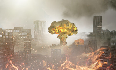 末日后城市的3D渲染中的原子弹爆炸