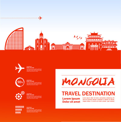 蒙古旅游目的地大矢量插图。
