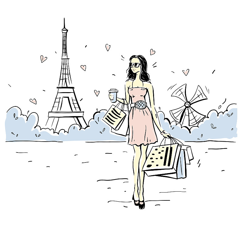 Vector hand-drawn background of a girl in Paris on