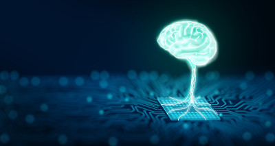电脑电路板上装有人脑的Ai芯片。Ai CPU的概念。3 d渲染。
