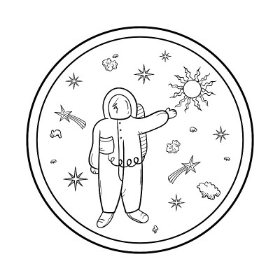 宇航员，星星和小行星。涂鸦风格的太空物体。