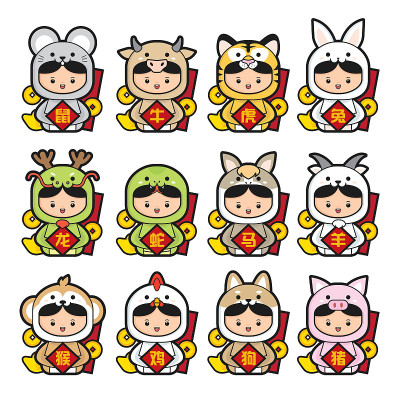 12生肖图标，可爱的孩子们穿着生肖服装。(鼠、牛、虎、兔、龙、蛇、马、羊、猴、鸡、狗、猪)