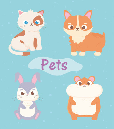 可爱的猫，狗，仓鼠和兔子宠物卡通动物