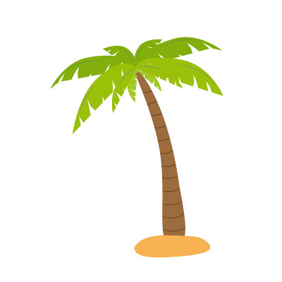 棕榈树或椰子树卡通形象在夏天的海滩海边热带矢量插图。