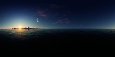 360°全景的摩天大楼城市岛与黑暗的天空