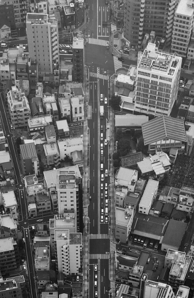 建筑和交通在市区黑白主题