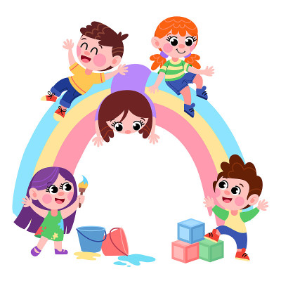 孩子们在幼儿园里画画，坐在彩虹上。