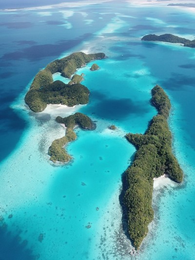 Pristine blue ocean, rock islands in Palau