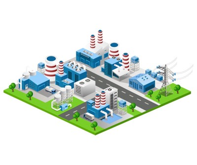 平面等距矢量图，发电正交和工厂工业视图
