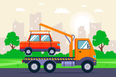 evacuation of a car with a tow truck crane on a ci