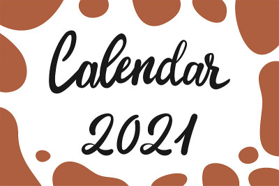 封面印刷A4日历2021年。可爱的斑点牛，做运动的牛或牛，瑜伽，休息。2021年，东方或中国历法的牛