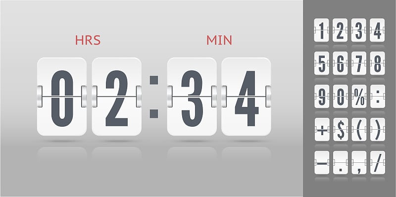 翻页数字字体时间计数器信息页。复古符号时间计量矢量模板。白色模拟倒计时字体