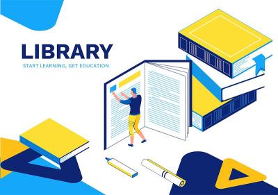 图书馆等距登陆页面，学习人设置，3d学生阅读书籍，学习课，学校课堂概念，背包，大学小学生，蓝色，黄色