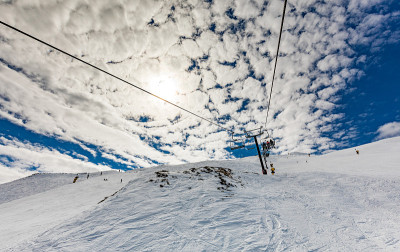 新西兰山全景和滑雪斜坡从皇冠峰滑雪胜地，皇后镇