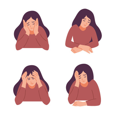 一个女人头痛。女孩感到焦虑和抑郁。心理健康的概念。紧张，冷漠，悲伤，悲伤，不开心，绝望，偏头痛。平面