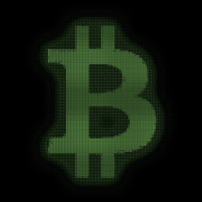 用数字构造的绿色向量比特币符号。比特币,区块链转移。计算机代码表示。密码分析攻击。程序代码模式