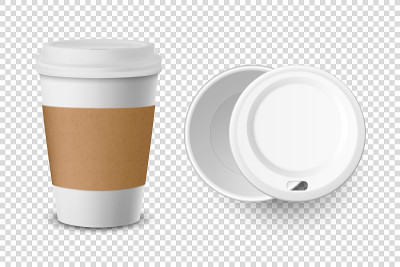 矢量3d现实一次性打开的纸，塑料咖啡杯的饮料图标设置特写孤立在透明的背景。设计模板模型。顶视图和前视