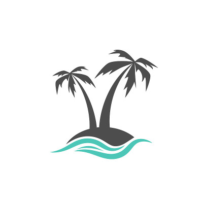 小岛上的黑色棕榈树与阳光和海浪隔绝在白色上。