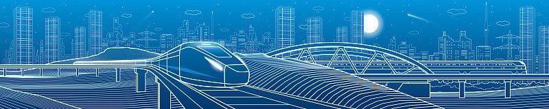 现代夜城，霓虹灯城全景。火车。城市基础设施和交通图解。城市场景。矢量设计艺术。蓝底白线