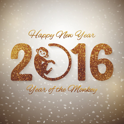 可爱的新年明信片与金色文字，2016年猴子设计