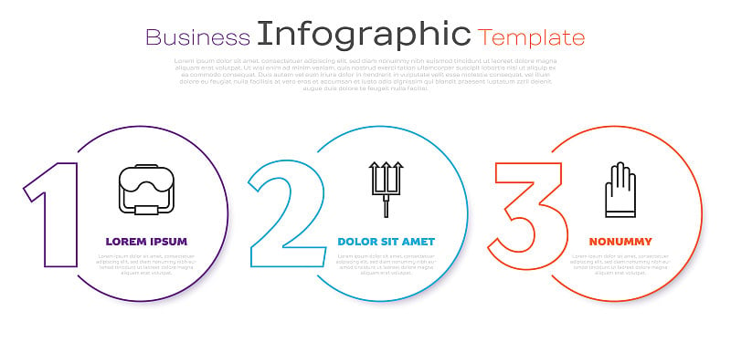 设线潜水面罩，海王星三叉戟和手套。业务信息模板。向量