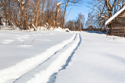 冬天，小村庄里有一条通往森林的滑雪道