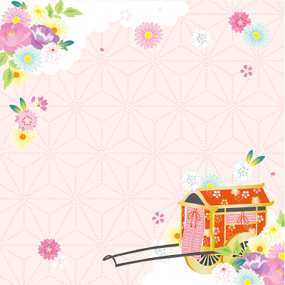 牛车和日本花卉图案背景插图