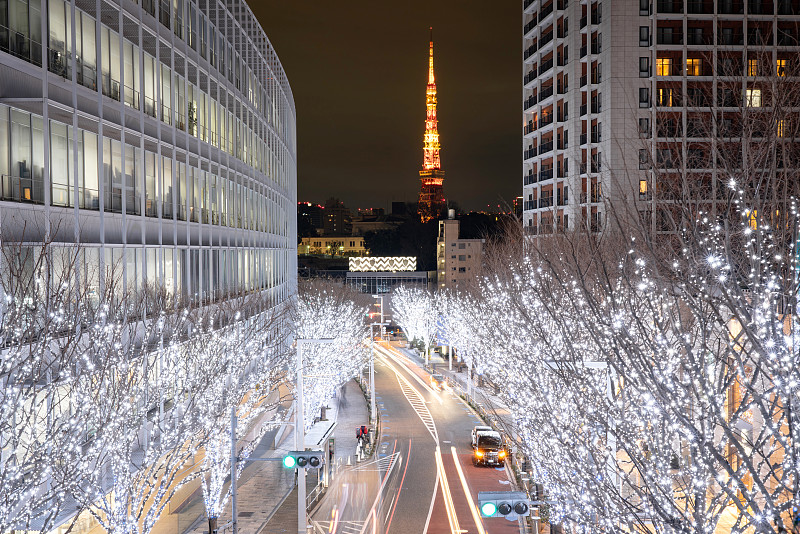 东京，日本，城市景观冬季灯光照明在六本木山展出，照明的建筑和树木和东京塔的地标