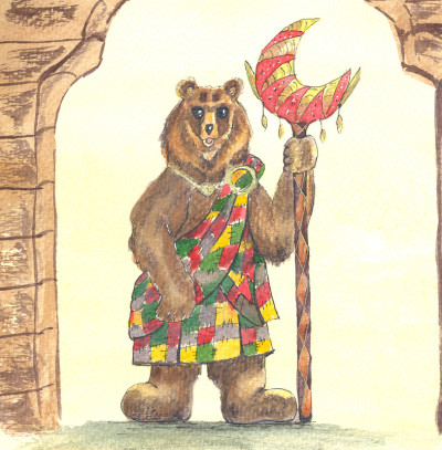 手绘儿童插图的熊与魔术的权杖在米色的背景