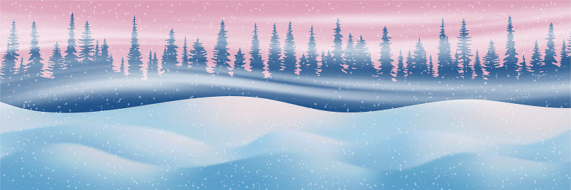 矢量横幅上的新年主题，日落光，森林和暴风雪