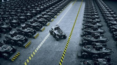 军事基地里的未来派坦克。3 d渲染。