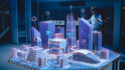 工业4.0:现代专业建筑师戴着虚拟现实耳机使用手势来移动、设计、操纵3D城市的建筑。混合增强现实软件