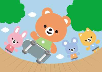 玩滑板的可爱动物(兔子、熊、猫、老鼠、浣熊、狗、狮子、熊猫)