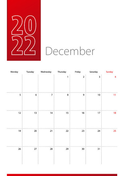 2022年12月日历设计。一周从星期一开始。垂直日历模板。