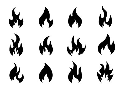Fire flame black icons set. Different form fire si