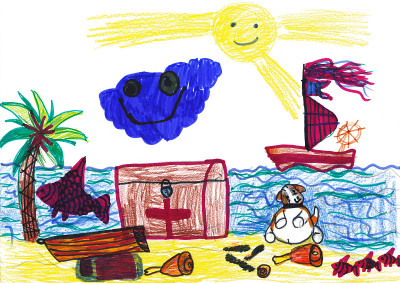 海盗岛上的狗。孩子的画。