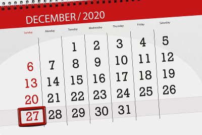 日历计划2020年12月，截止日期，27日，周日