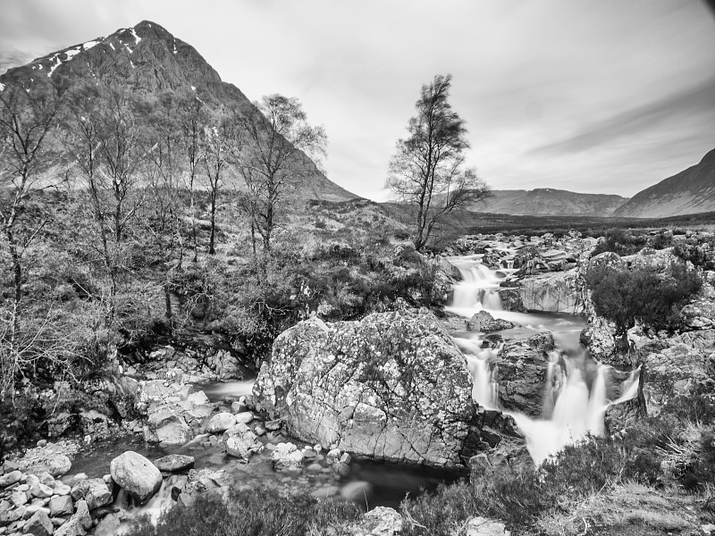 瀑布与Buachaille etive mor, Glen Coe，苏格兰，英国