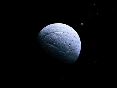 在太空中有陨石坑和小行星的白色石头行星。