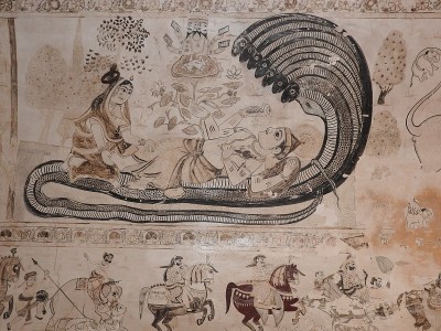 古拉克希米纳拉扬寺庙，壁画，印度教，奥尔恰，中央邦，印度。