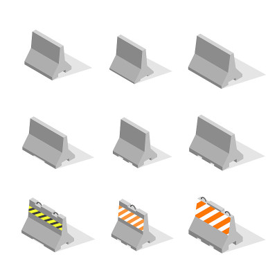 铁混凝土道路障碍设置在3D，矢量插图。