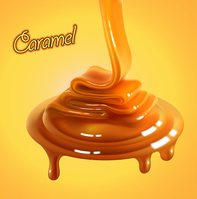 Flowing stream of golden caramel on a yellow backg