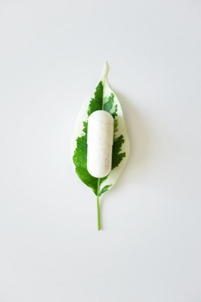 益生菌补充胶囊在植物叶片上白色背景，俯视图。替代医学概念