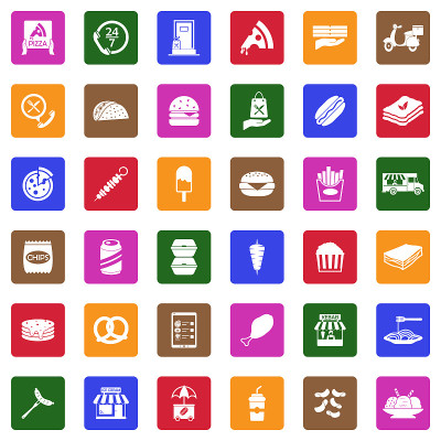 快餐图标。广场上的白色平面设计。矢量插图。