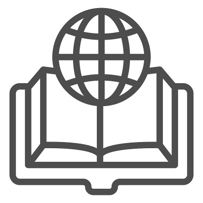 书籍和地球仪线图标，教育理念，地球仪地球行星和书籍标志上的白色背景，地球仪打开书的图标在轮廓风格。矢