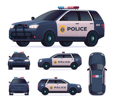 警车。巡逻公务用车，追捕罪犯警车。查看前面，后面，侧面，顶部。