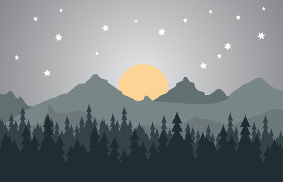 3d插图壁纸夜间景观。山，圣诞树和星星。