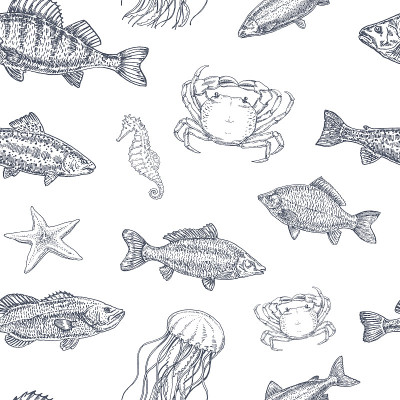 复古无缝模式的海洋生物。手绘插图、素描