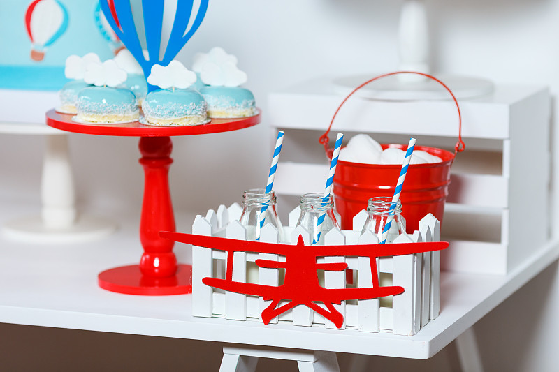 Candy bar on boy's birthday party with a lot of di
