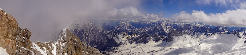 在Zugspitze视角的山景全景摄影